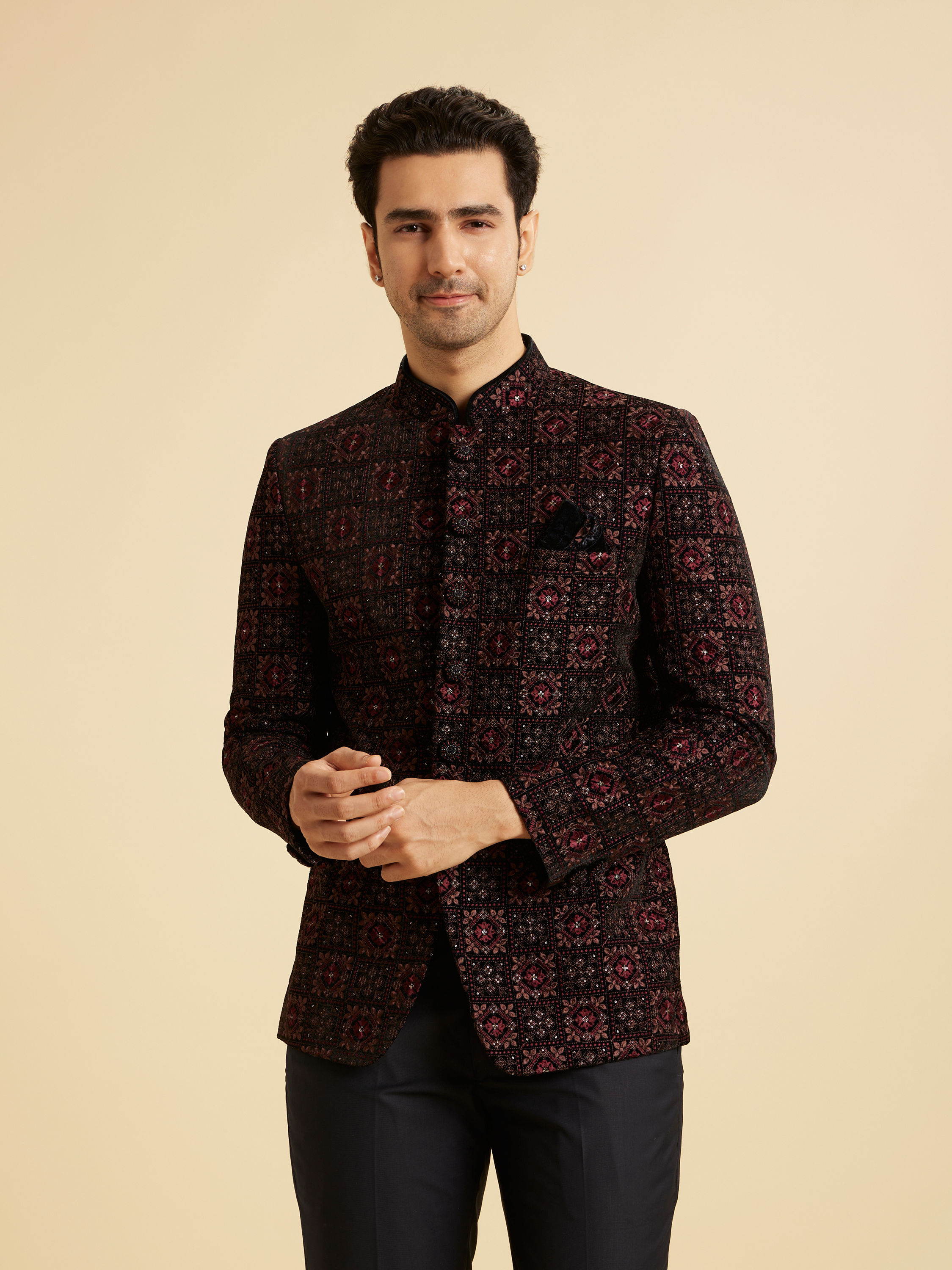 Manyavar Men Regal Blue Velvet Jodhpuri Suit