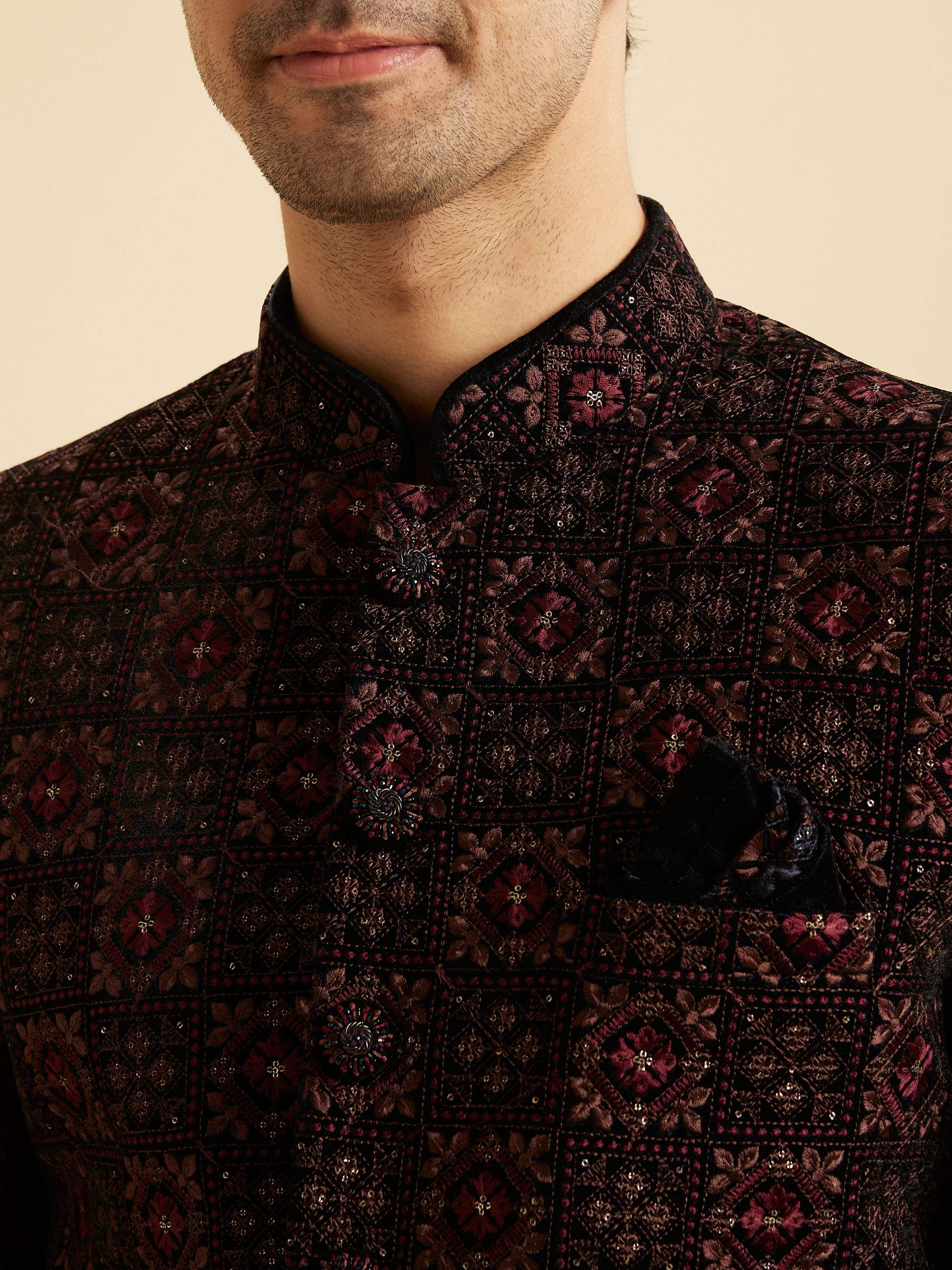 Manyavar Men Regal Blue Velvet Jodhpuri Suit