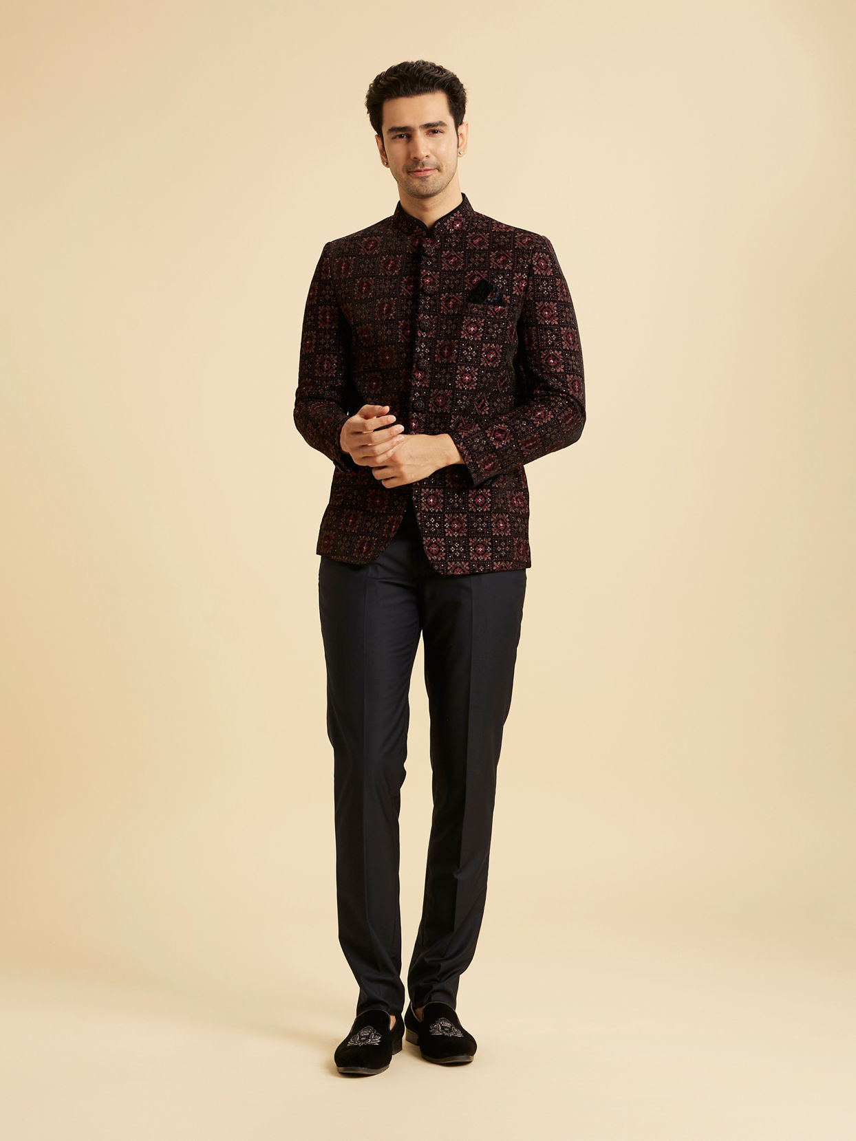 Manyavar Men Regal Blue Velvet Jodhpuri Suit