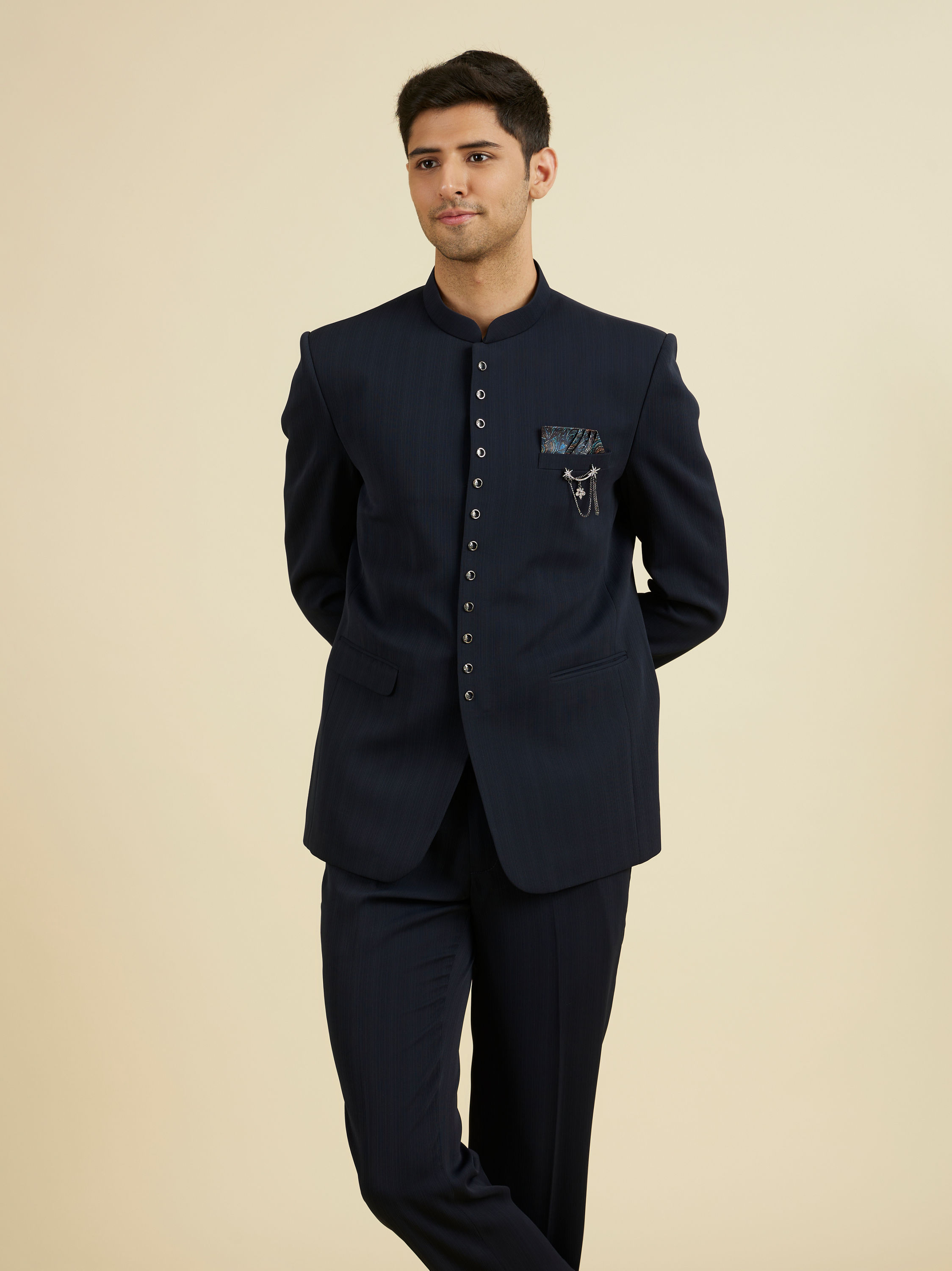Manyavar Men Dapper Dark Blue Radiance Suit Set