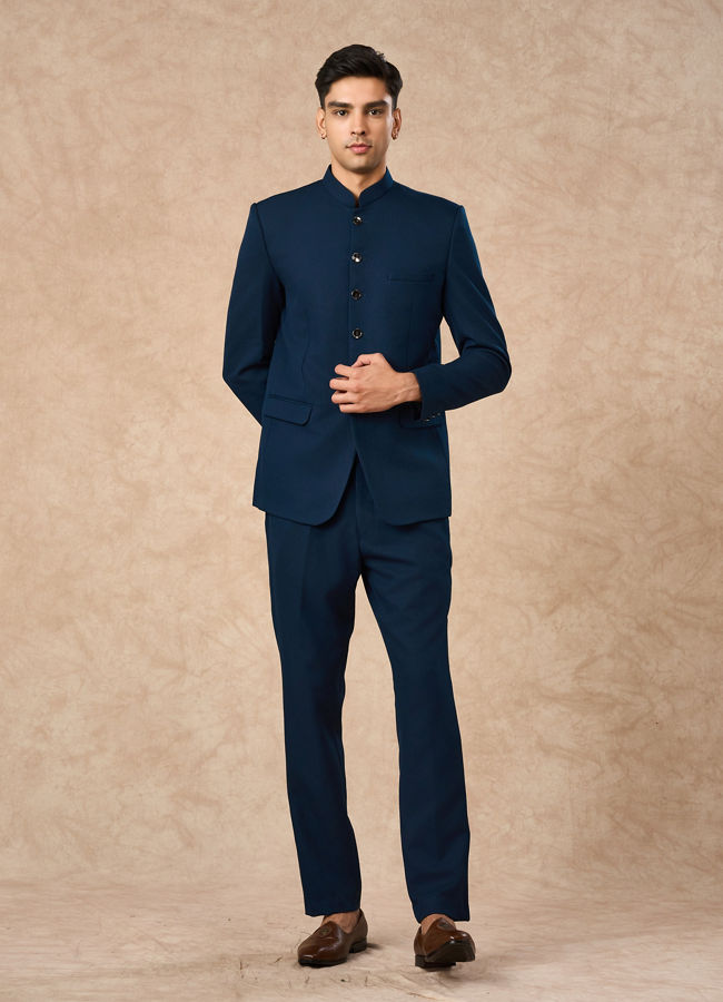 Manyavar Men Teal Blue Blended Rayon Jodhpuri Suit