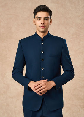 Manyavar Men Teal Blue Blended Rayon Jodhpuri Suit