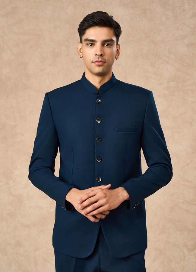 Manyavar Men Teal Blue Blended Rayon Jodhpuri Suit