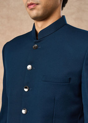 Manyavar Men Teal Blue Blended Rayon Jodhpuri Suit