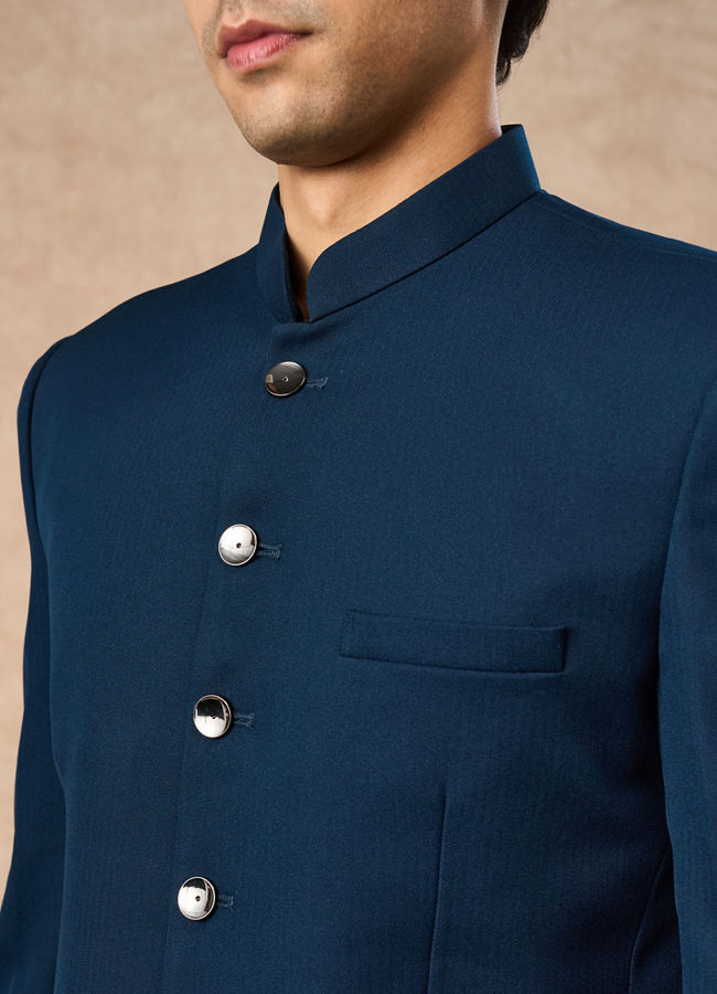 Manyavar Men Teal Blue Blended Rayon Jodhpuri Suit