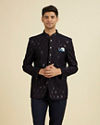 Manyavar Men Elegant Dark Blue Velvet Suit Set