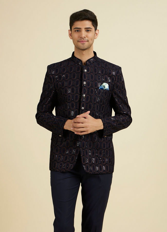 Manyavar Men Elegant Dark Blue Velvet Suit Set