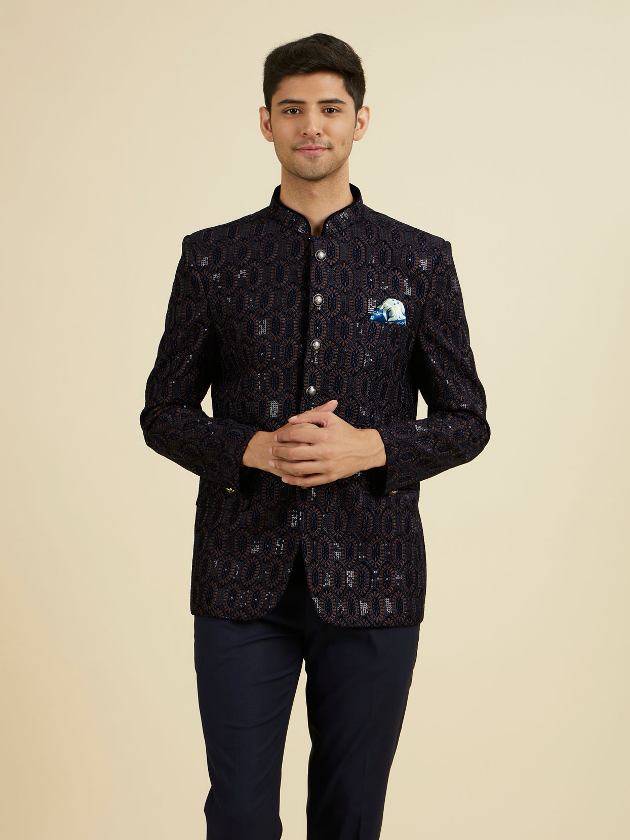 Manyavar Men Elegant Dark Blue Velvet Suit Set