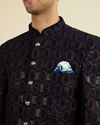 Manyavar Men Elegant Dark Blue Velvet Suit Set