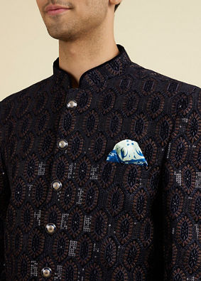 Manyavar Men Elegant Dark Blue Velvet Suit Set