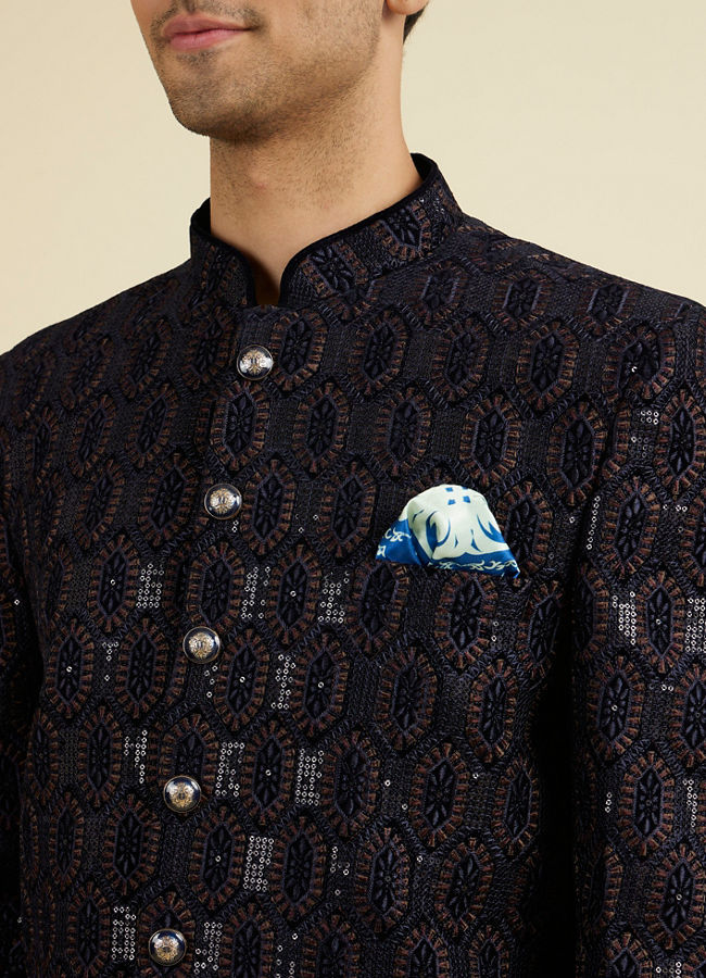 Manyavar Men Elegant Dark Blue Velvet Suit Set