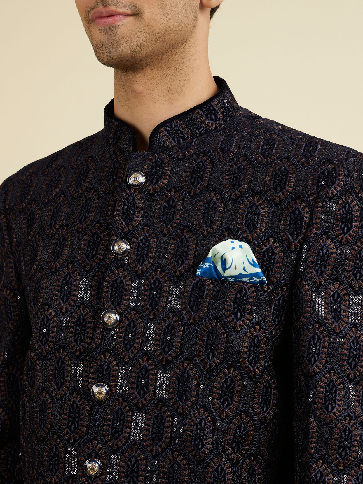 Manyavar Men Elegant Dark Blue Velvet Suit Set