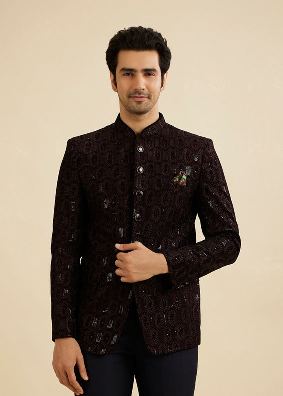 Manyavar Men Wine Red Honeycomb Patterned Jodhpuri Suit with Sequin Work