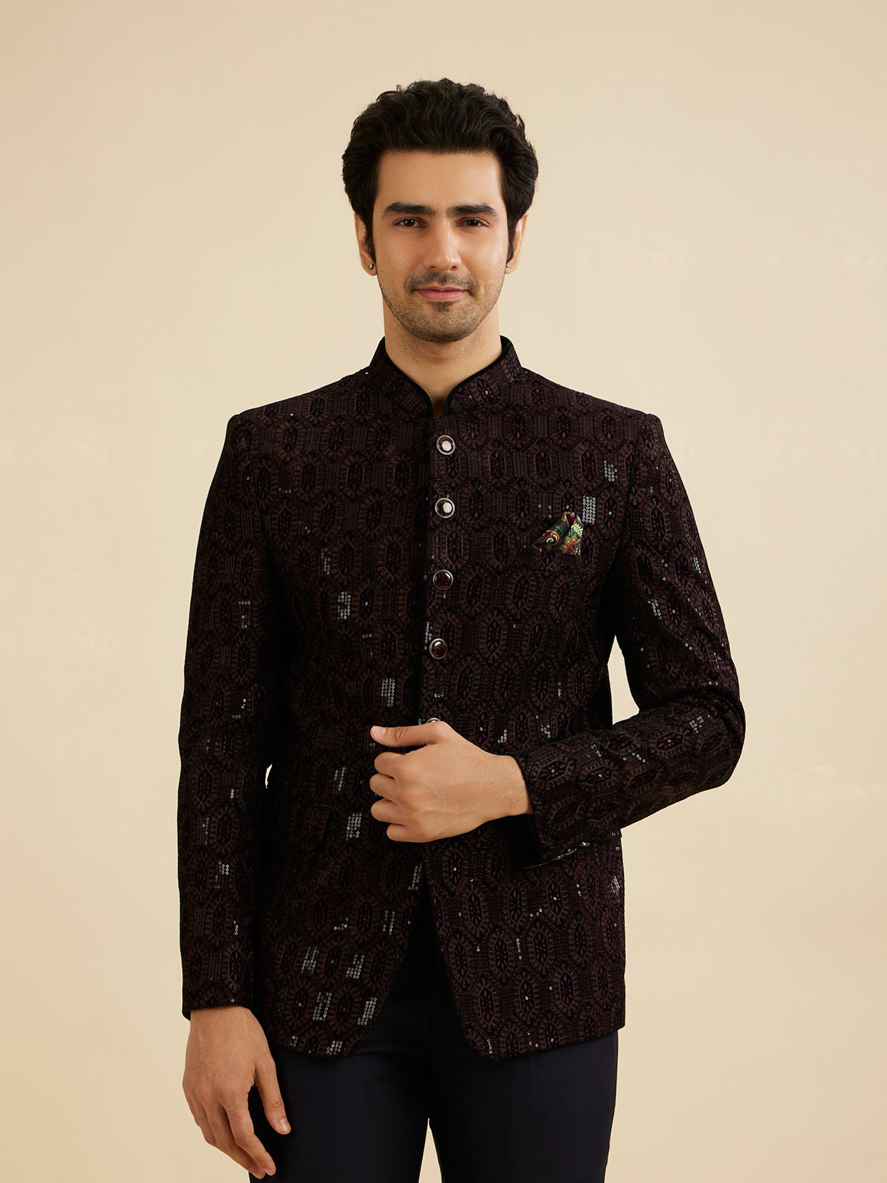 Manyavar Men Wine Red Honeycomb Patterned Jodhpuri Suit with Sequin Work