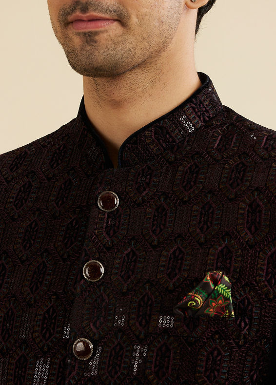 Manyavar Men Wine Red Honeycomb Patterned Jodhpuri Suit with Sequin Work