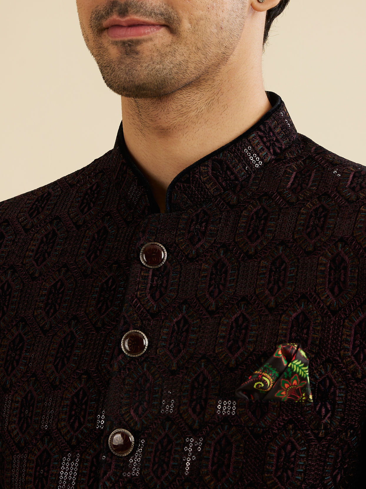 Manyavar Men Wine Red Honeycomb Patterned Jodhpuri Suit with Sequin Work