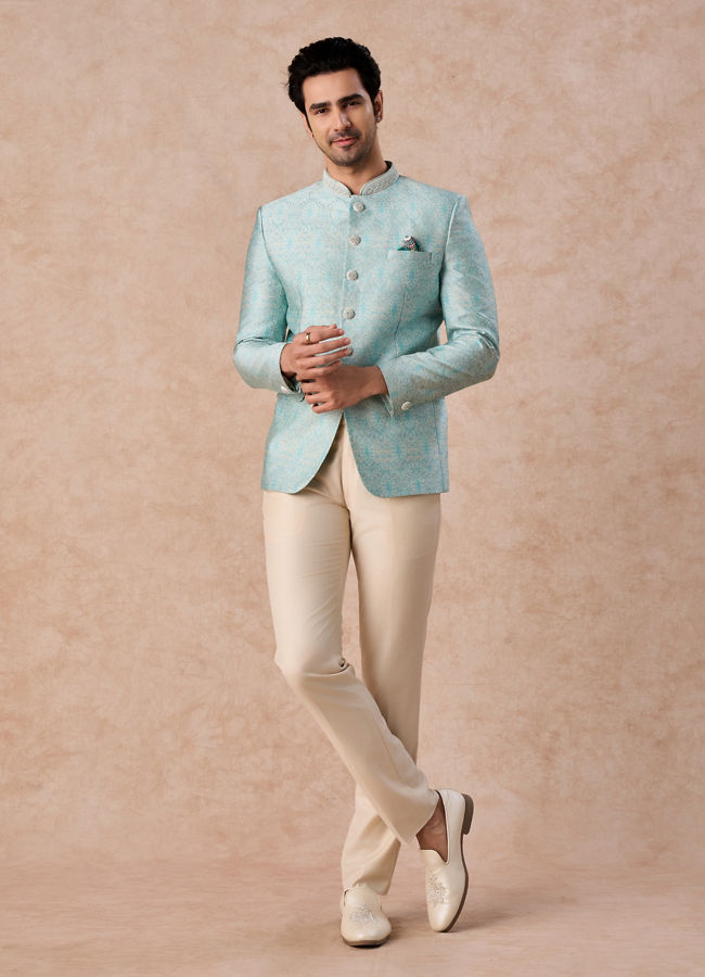 Manyavar Men Light Blue Brocade Jodhpuri Suit