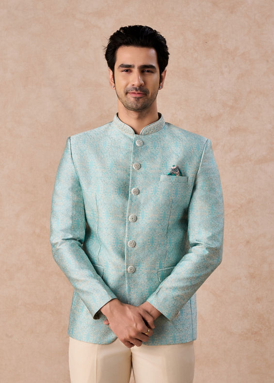 Manyavar Men Light Blue Brocade Jodhpuri Suit