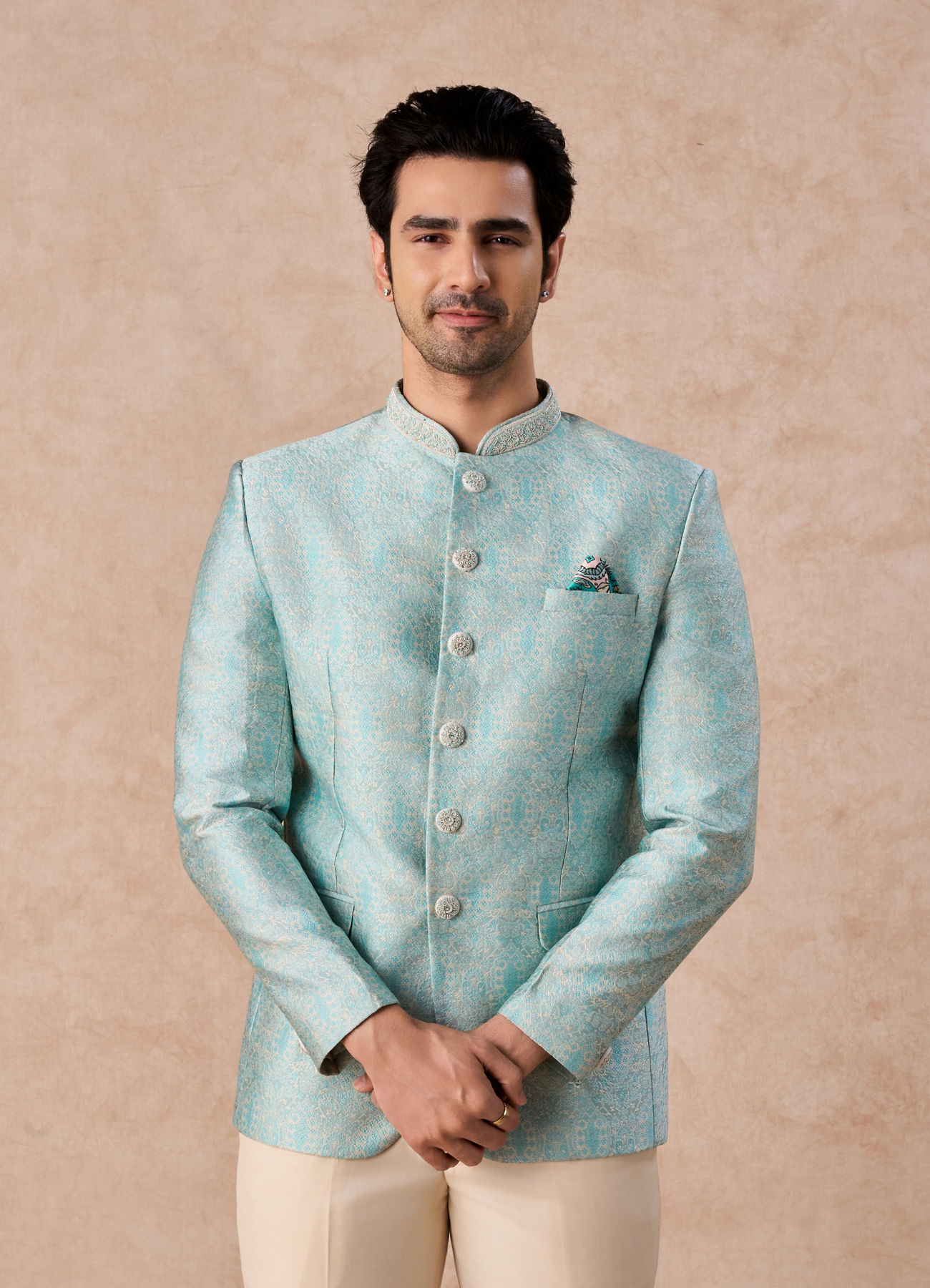 Manyavar Men Light Blue Brocade Jodhpuri Suit