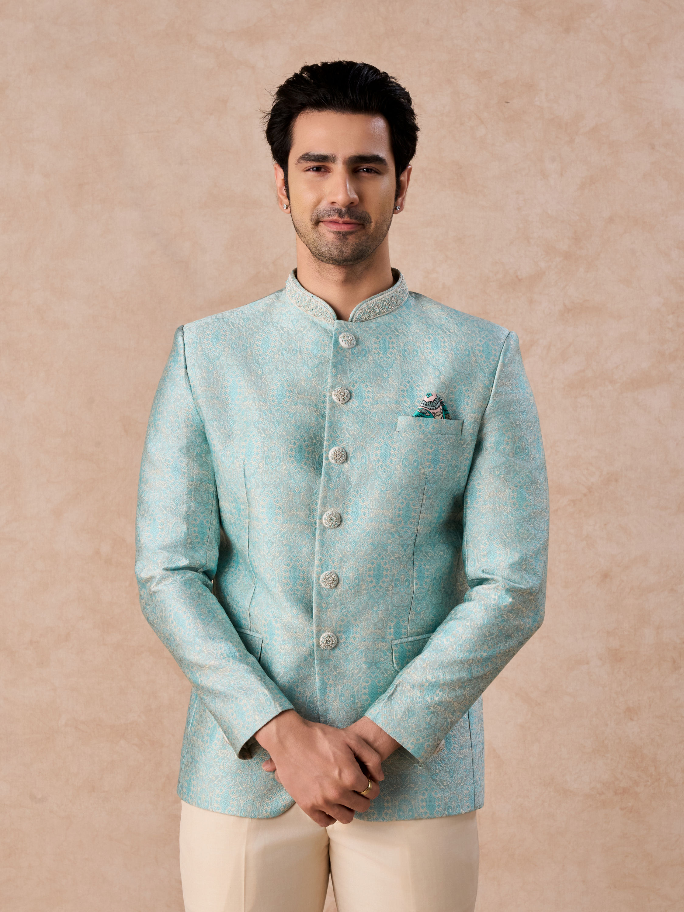 Manyavar Men Light Blue Brocade Jodhpuri Suit