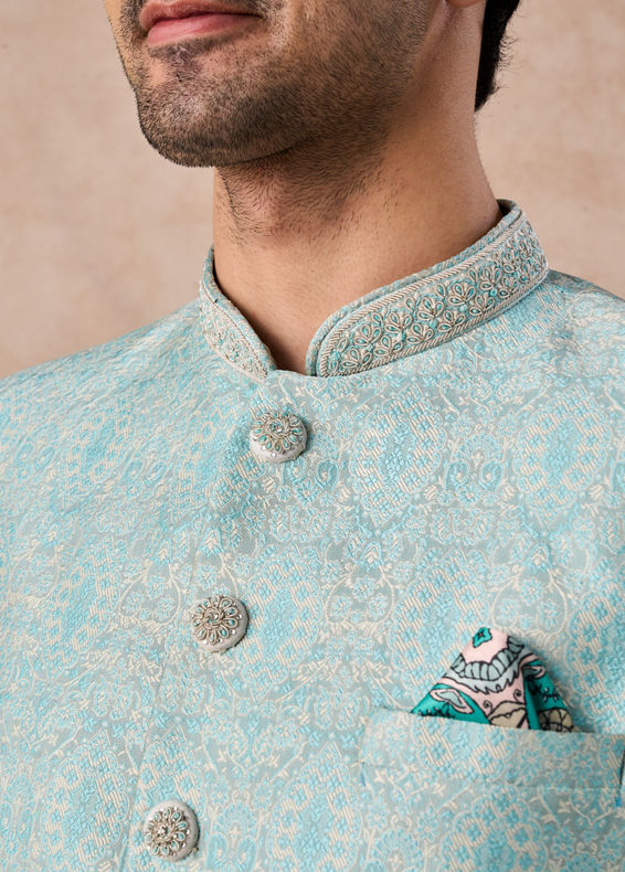 Manyavar Men Light Blue Brocade Jodhpuri Suit