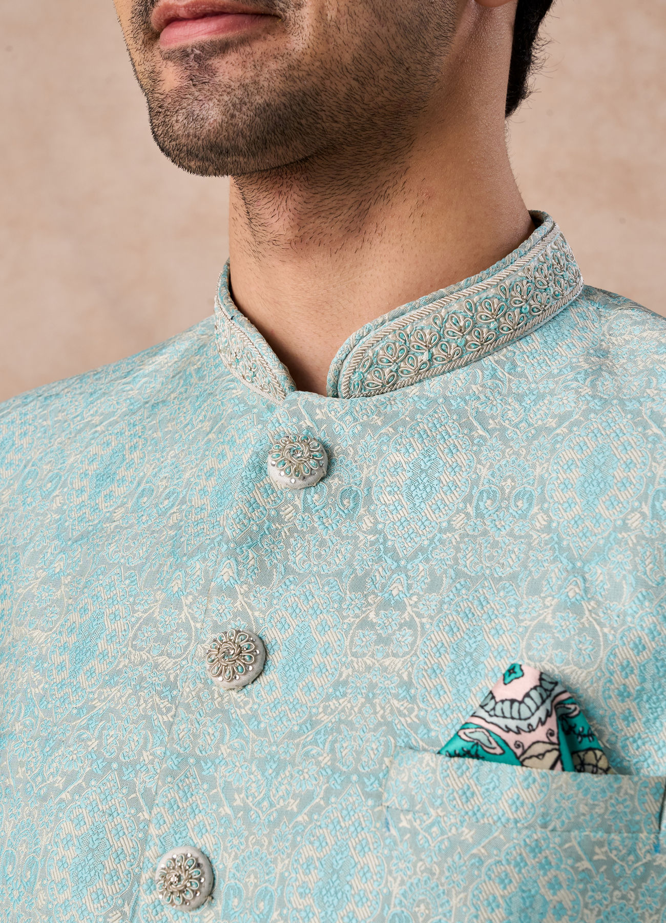 Manyavar Men Light Blue Brocade Jodhpuri Suit