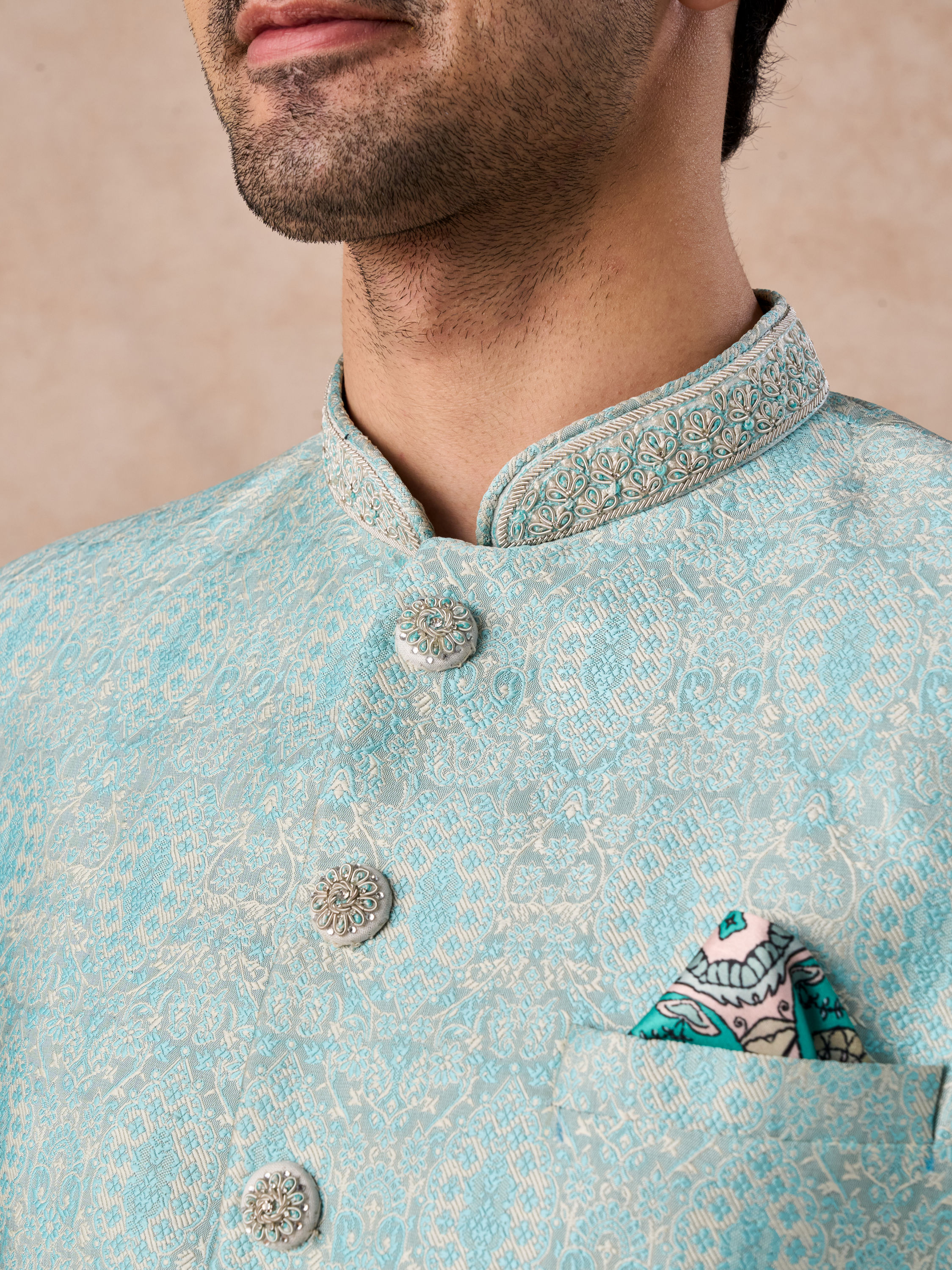 Manyavar Men Light Blue Brocade Jodhpuri Suit