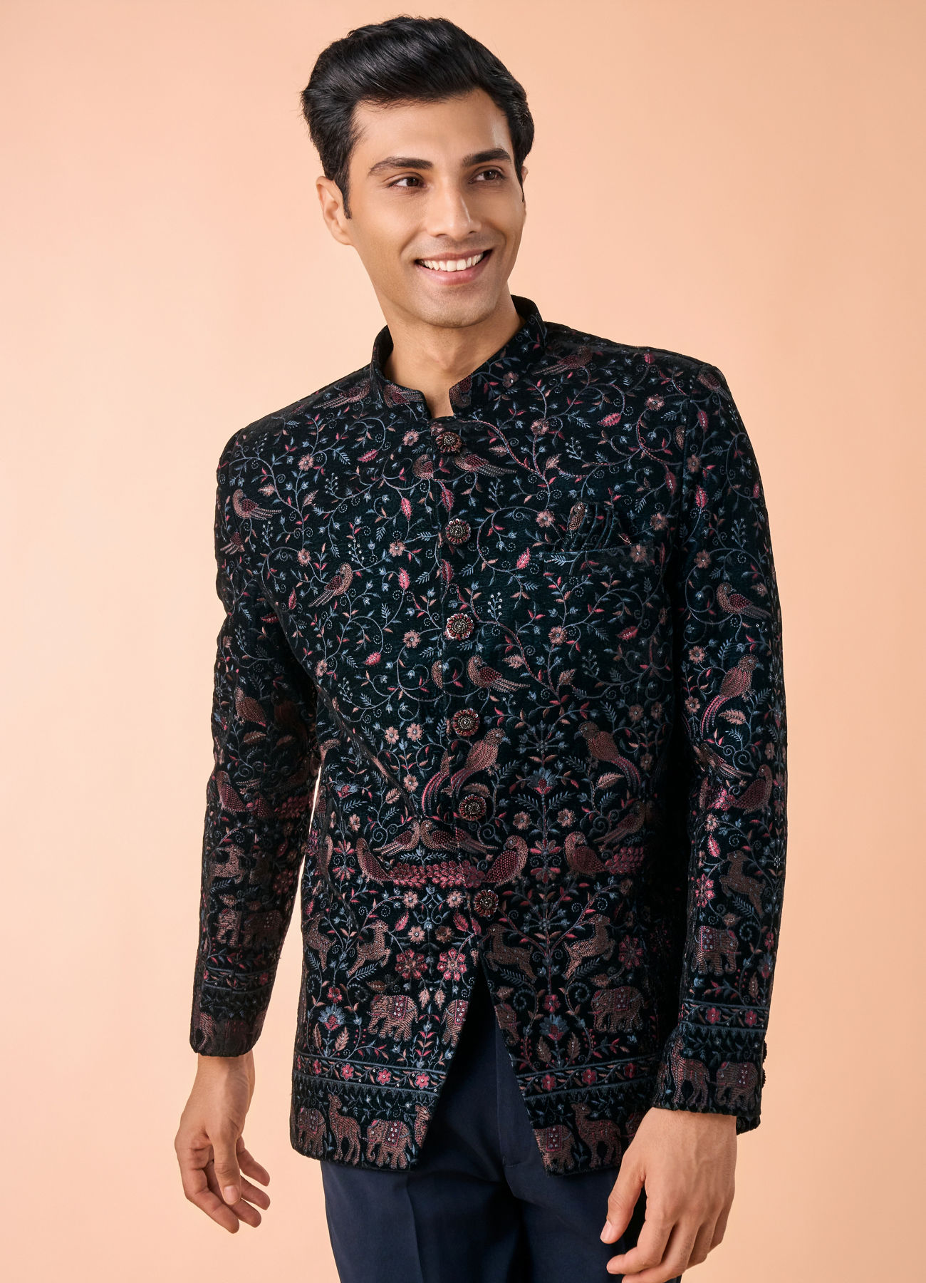 Manyavar Men Elegant Teal Green Velvet Jodhpuri Suit