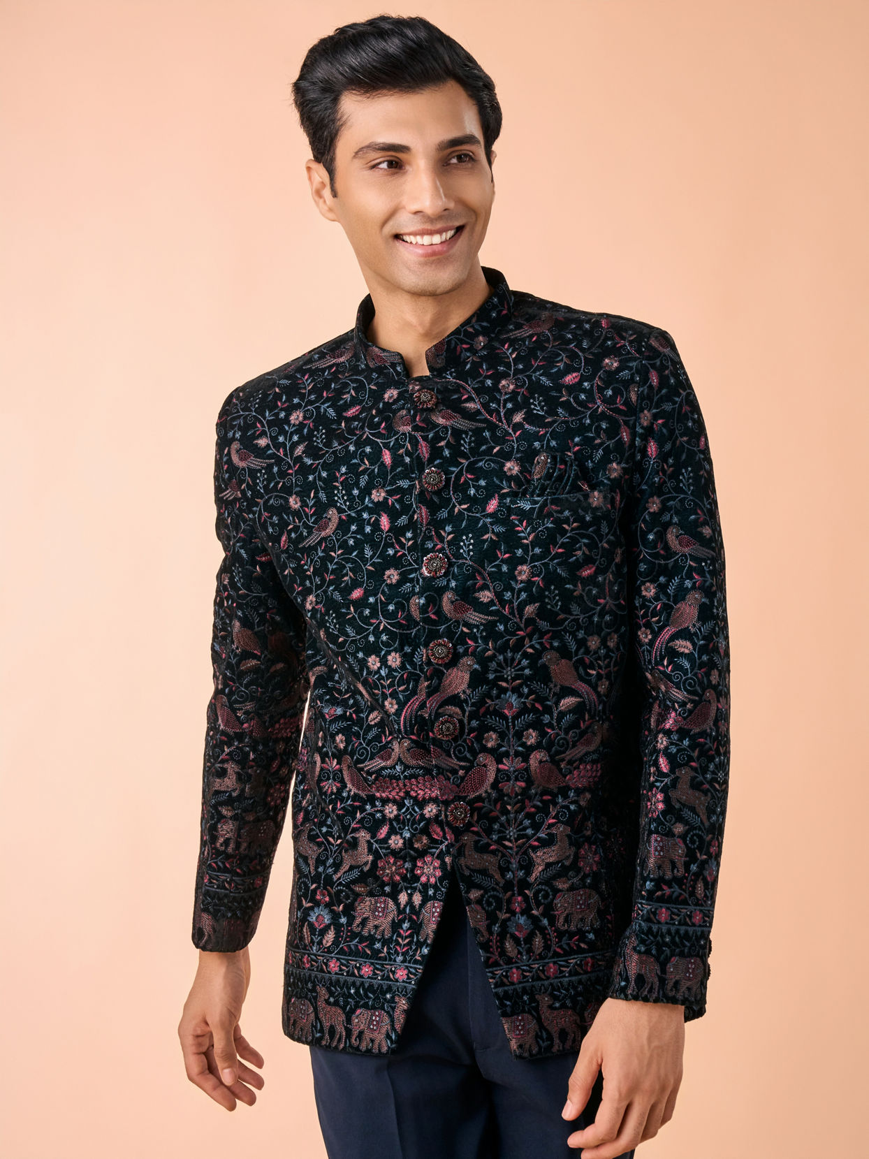 Manyavar Men Elegant Teal Green Velvet Jodhpuri Suit