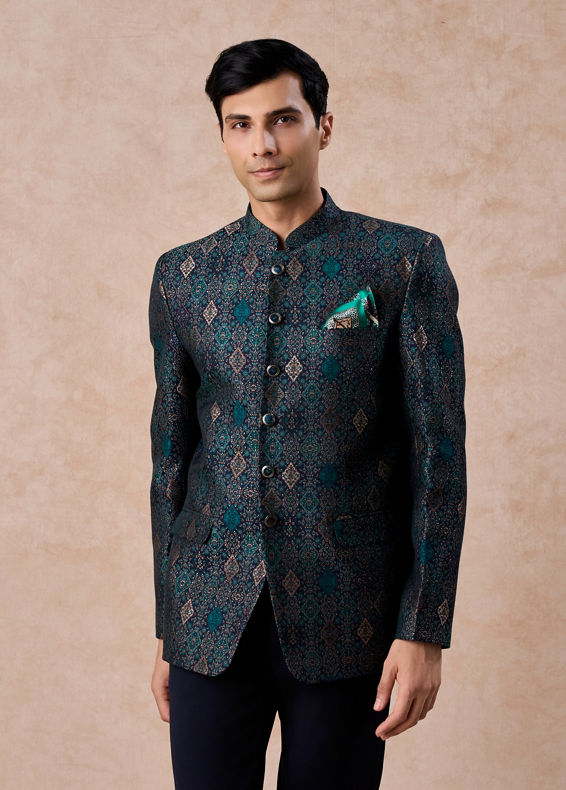 Manyavar Men Dark Blue Brocade Jodhpuri Suit