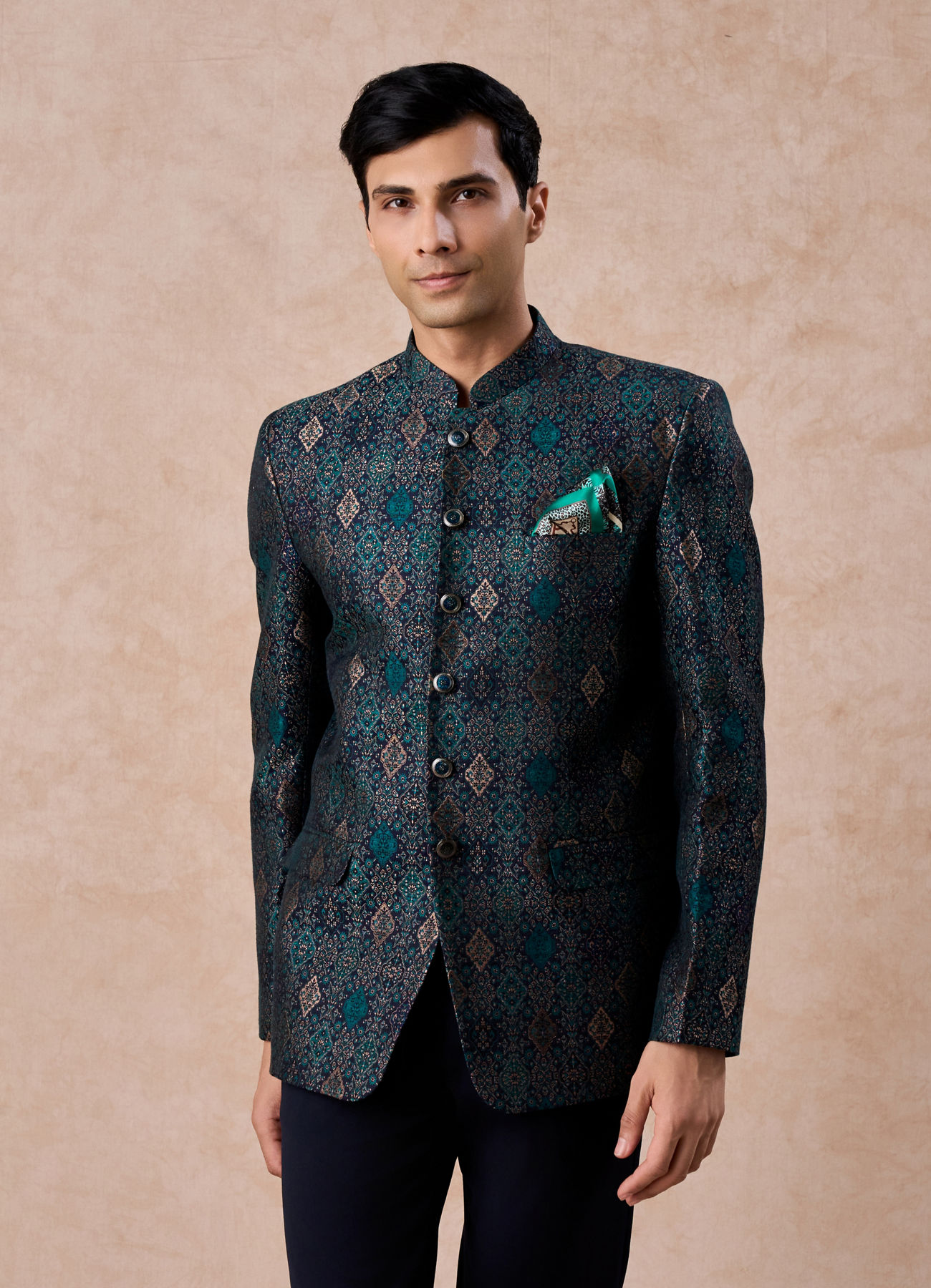 Manyavar Men Dark Blue Brocade Jodhpuri Suit