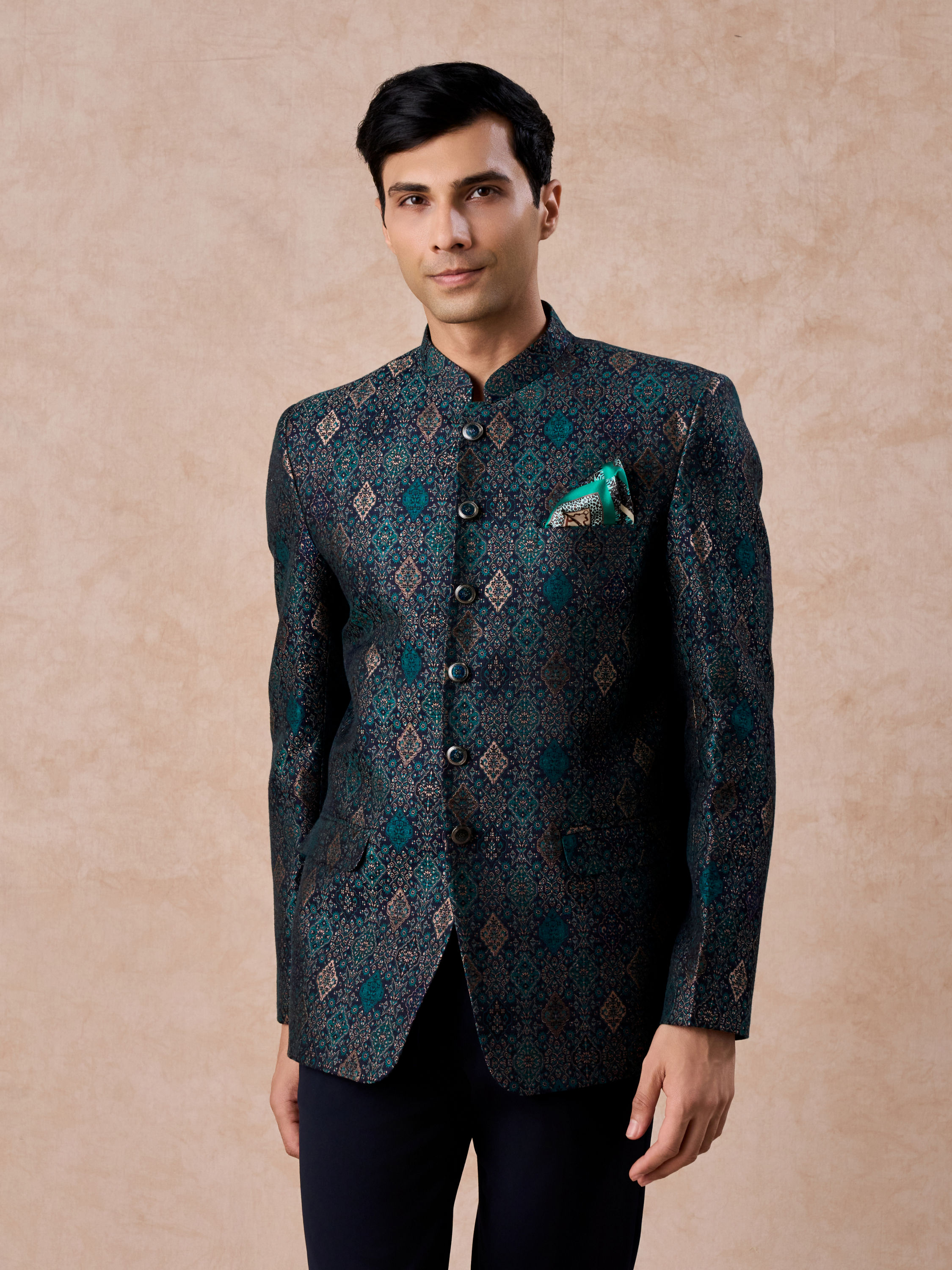 Manyavar Men Dark Blue Brocade Jodhpuri Suit