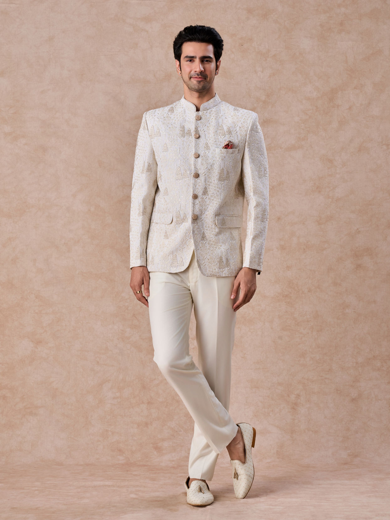 Manyavar Men Cream Georgette Jodhpuri Suit