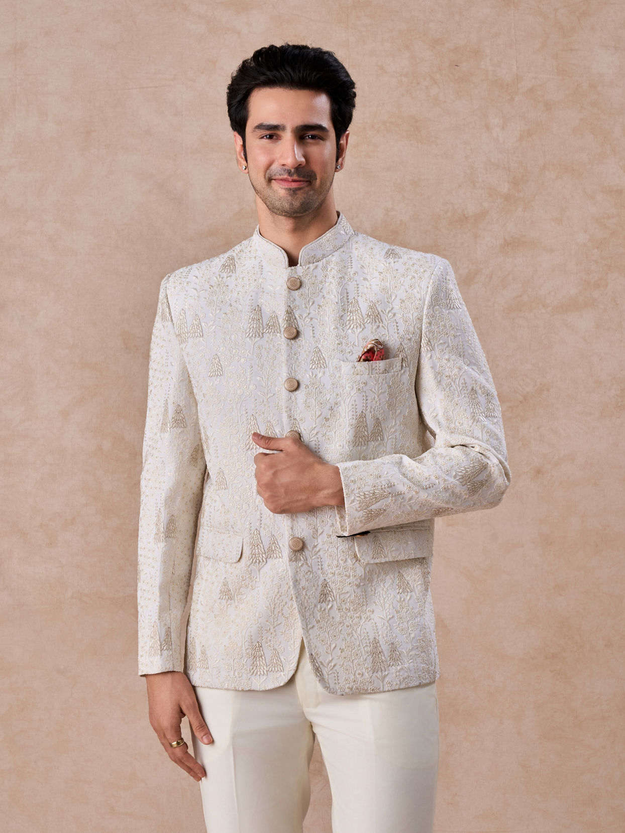 Manyavar Men Cream Georgette Jodhpuri Suit
