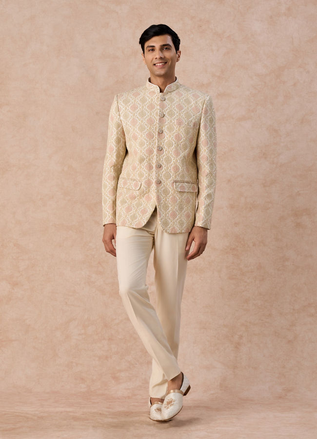 Manyavar Men Gleaming Cream Satin Jodhpuri Suit