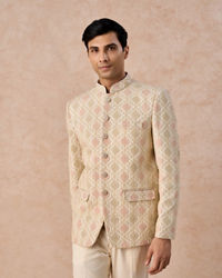 Manyavar Men Gleaming Cream Satin Jodhpuri Suit