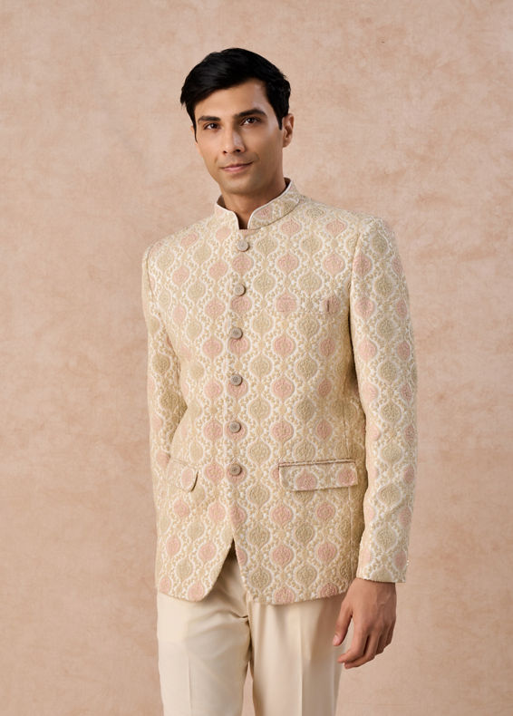 Manyavar Men Gleaming Cream Satin Jodhpuri Suit