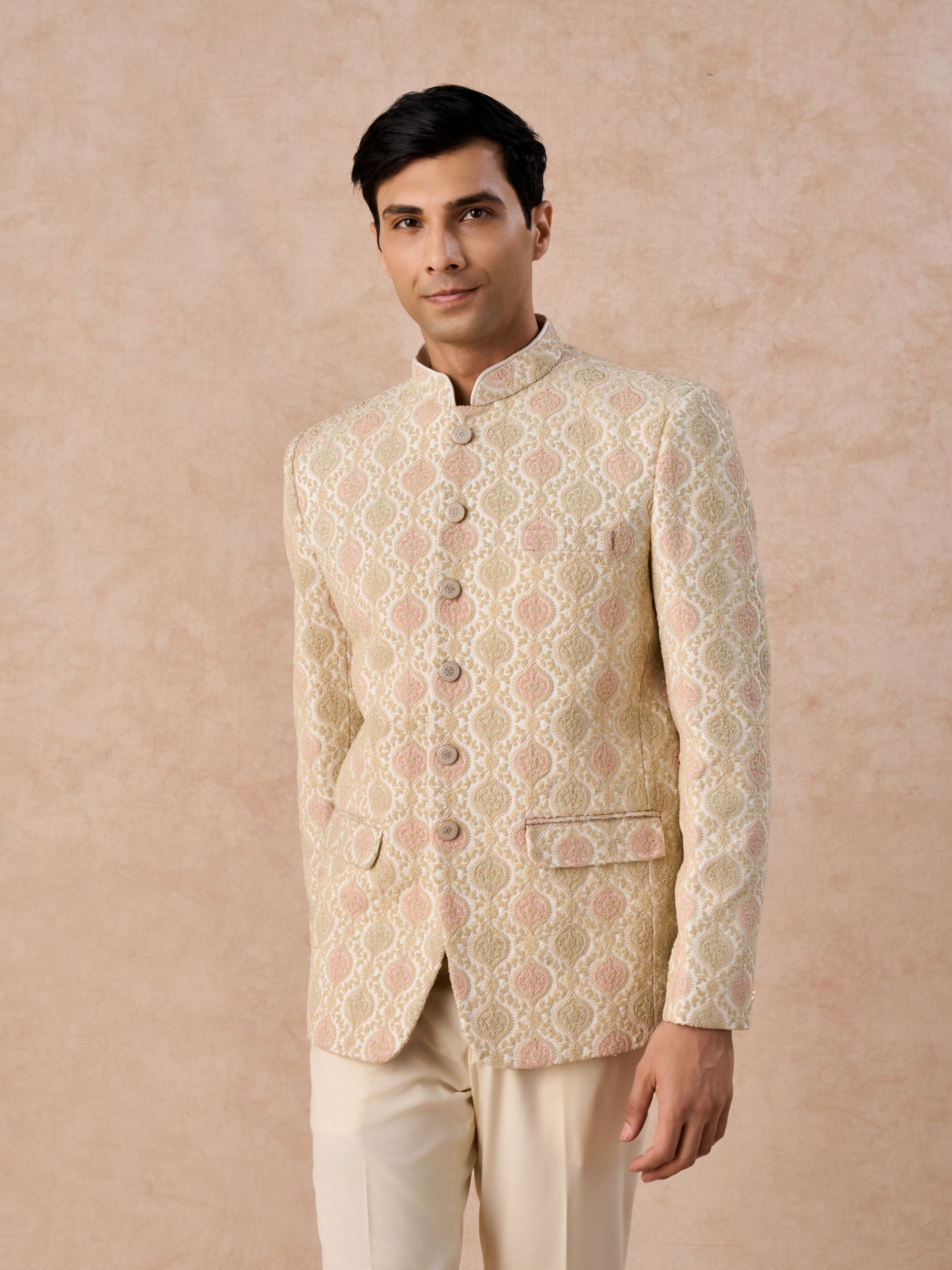 Manyavar Men Gleaming Cream Satin Jodhpuri Suit