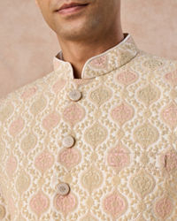 Manyavar Men Gleaming Cream Satin Jodhpuri Suit