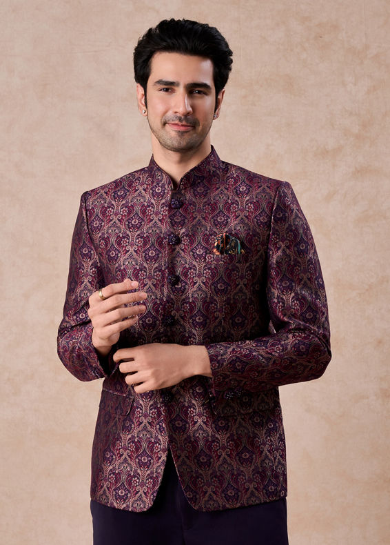 Manyavar Men Wine Enigma Brocade Jodhpuri Suit