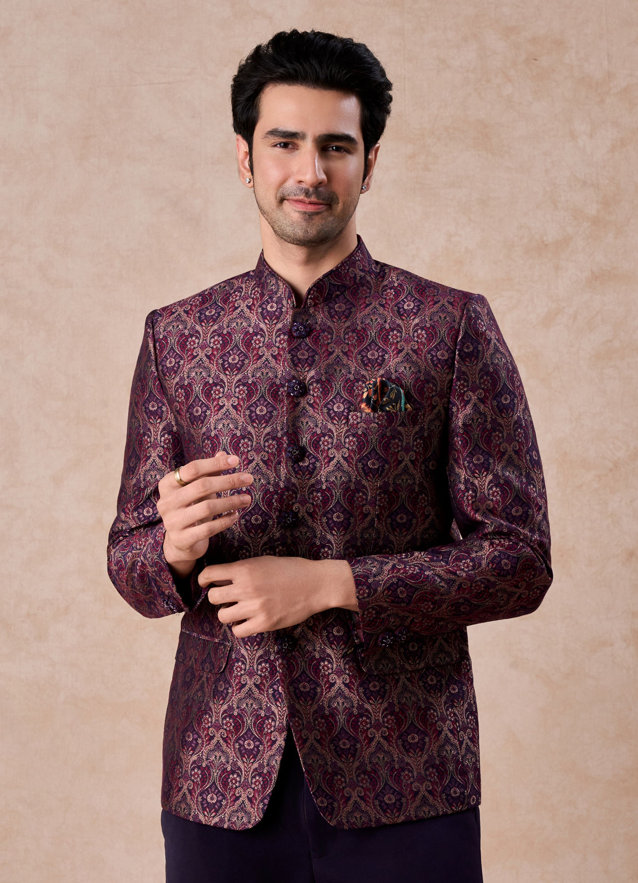 Manyavar Men Wine Enigma Brocade Jodhpuri Suit