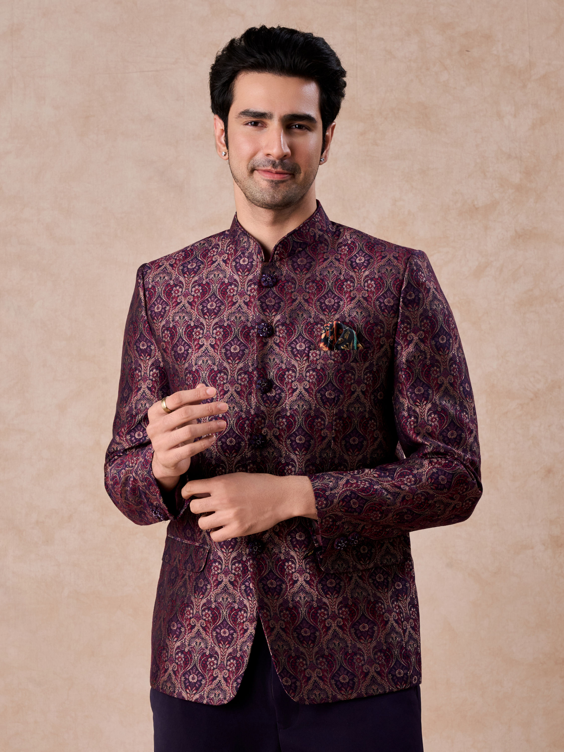 Manyavar Men Wine Enigma Brocade Jodhpuri Suit