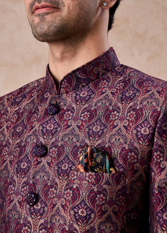 Manyavar Men Wine Enigma Brocade Jodhpuri Suit