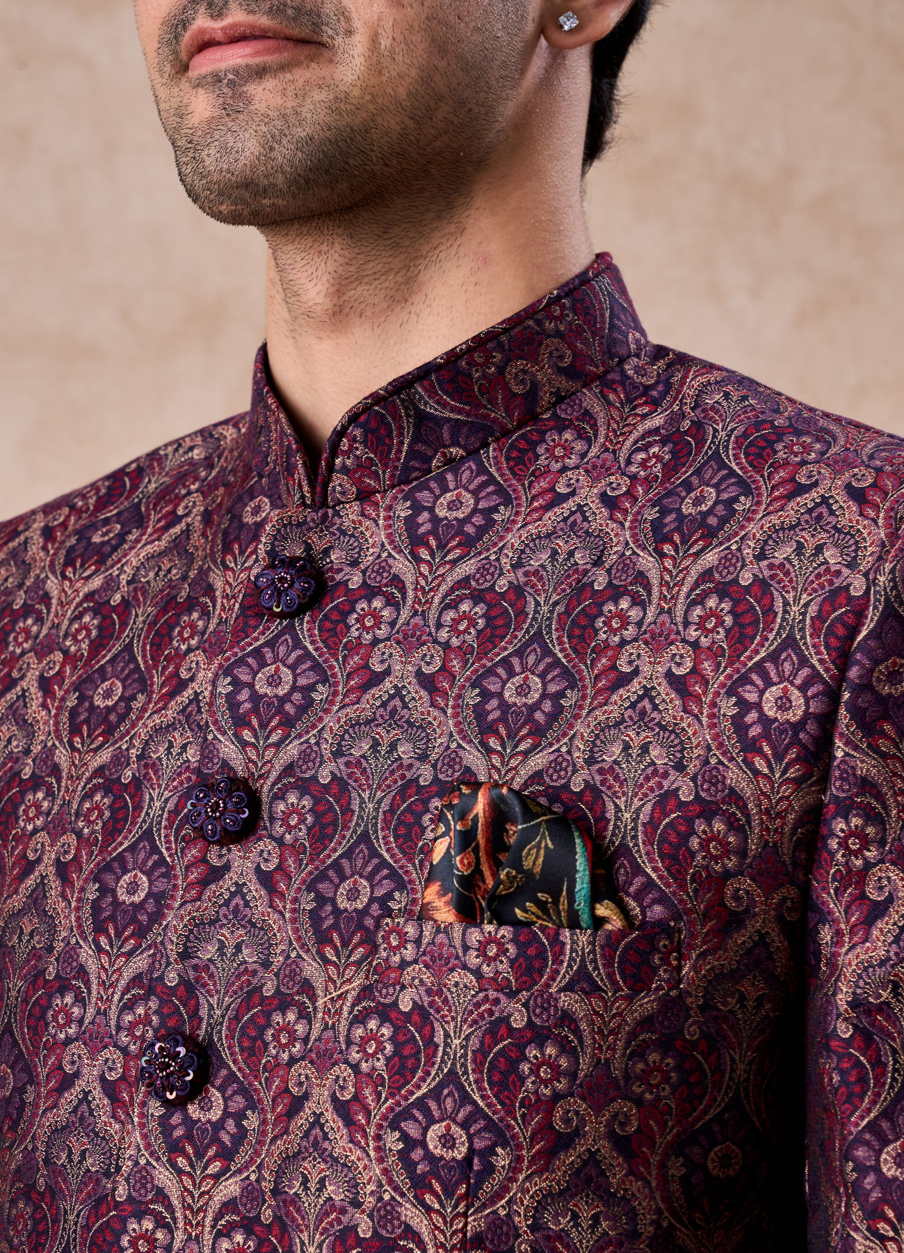 Manyavar Men Wine Enigma Brocade Jodhpuri Suit