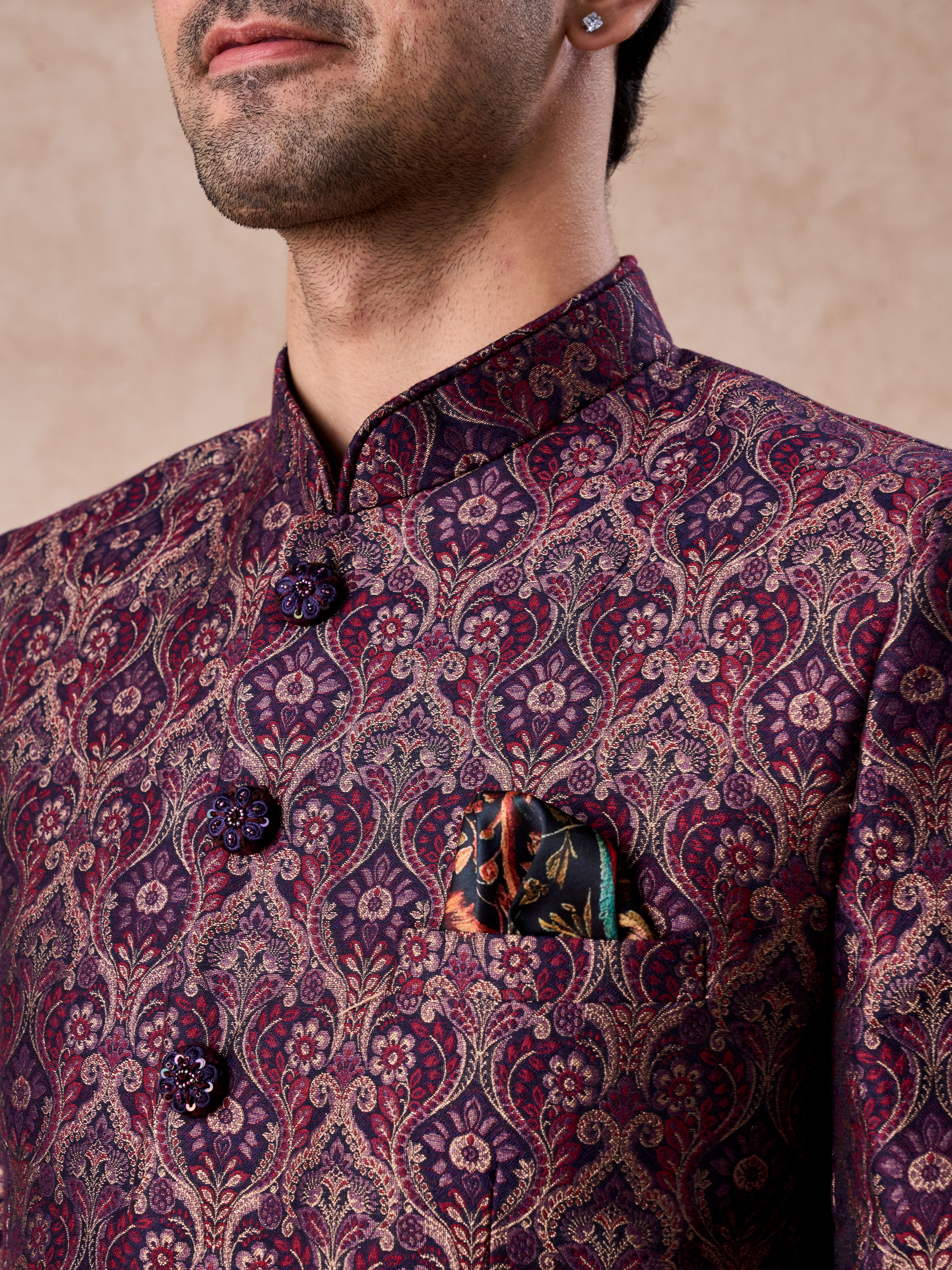 Manyavar Men Wine Enigma Brocade Jodhpuri Suit