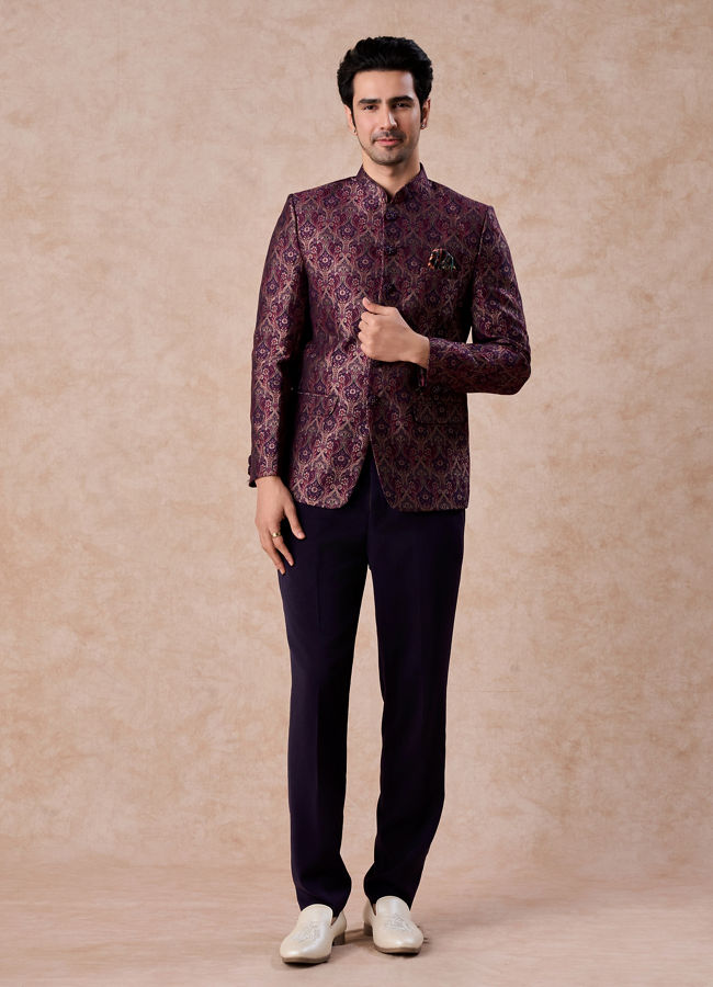 Manyavar Men Wine Enigma Brocade Jodhpuri Suit