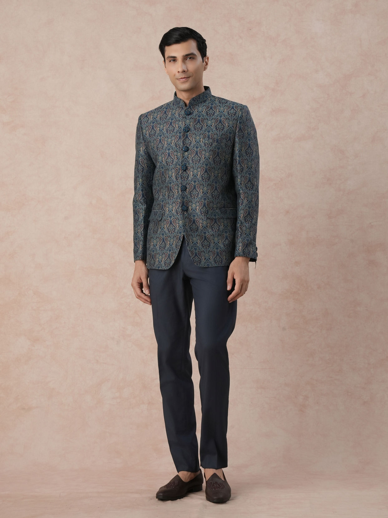 Manyavar Men Teal Blue Sheen Jodhpuri Suit