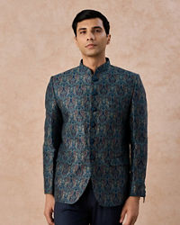 Manyavar Men Teal Blue Sheen Jodhpuri Suit