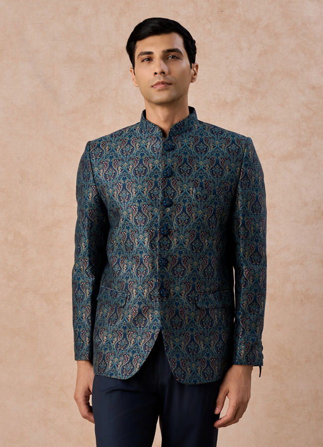 Manyavar Men Teal Blue Sheen Jodhpuri Suit