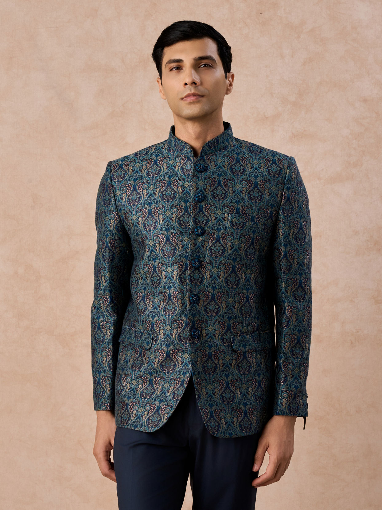 Manyavar Men Teal Blue Sheen Jodhpuri Suit